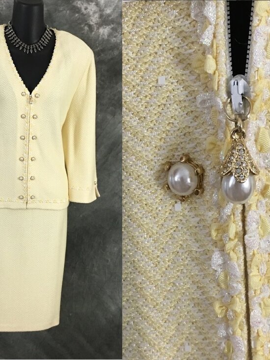 St. John Dresses & Skirts - BEAUTIFUL St John couture yellow multi pearl paillettes skirt suit size 12